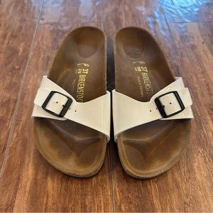Birkenstock White Madrid Birkoflor Faux Patent Leather Sandals Size 37 US 6